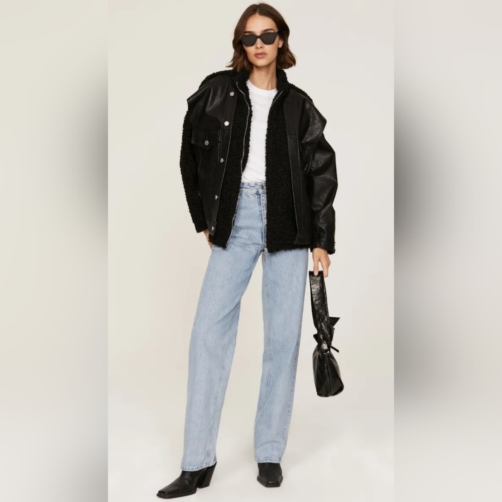 NWT BLANKNYC Black Sherpa & Faux Leather Biker Jacket Size Large
